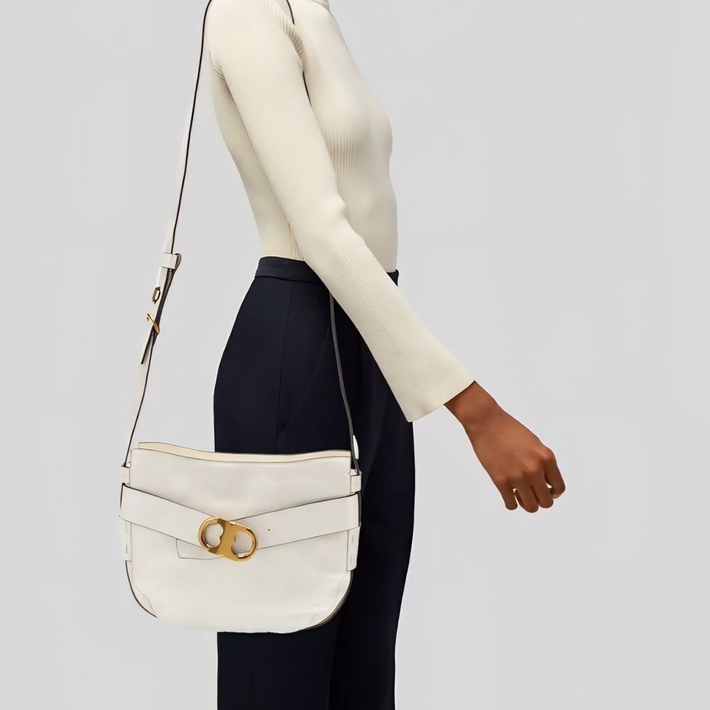 Tory Burch Gemini Cream Patent Leather Crossbody Bag with Gold Accents